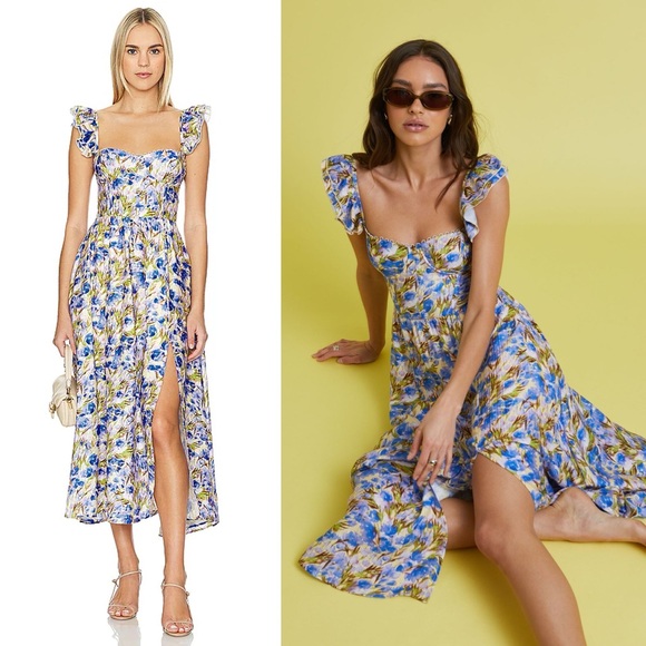 New ASTR Wedelia Bustier Midi Dress Yellow Blue Floral - Picture 2 of 6